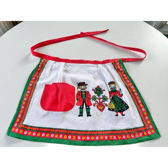 Vintage 1970s half apron, PennDutch boy and girl, kitsch kitchen linen - Picture 1 of 8